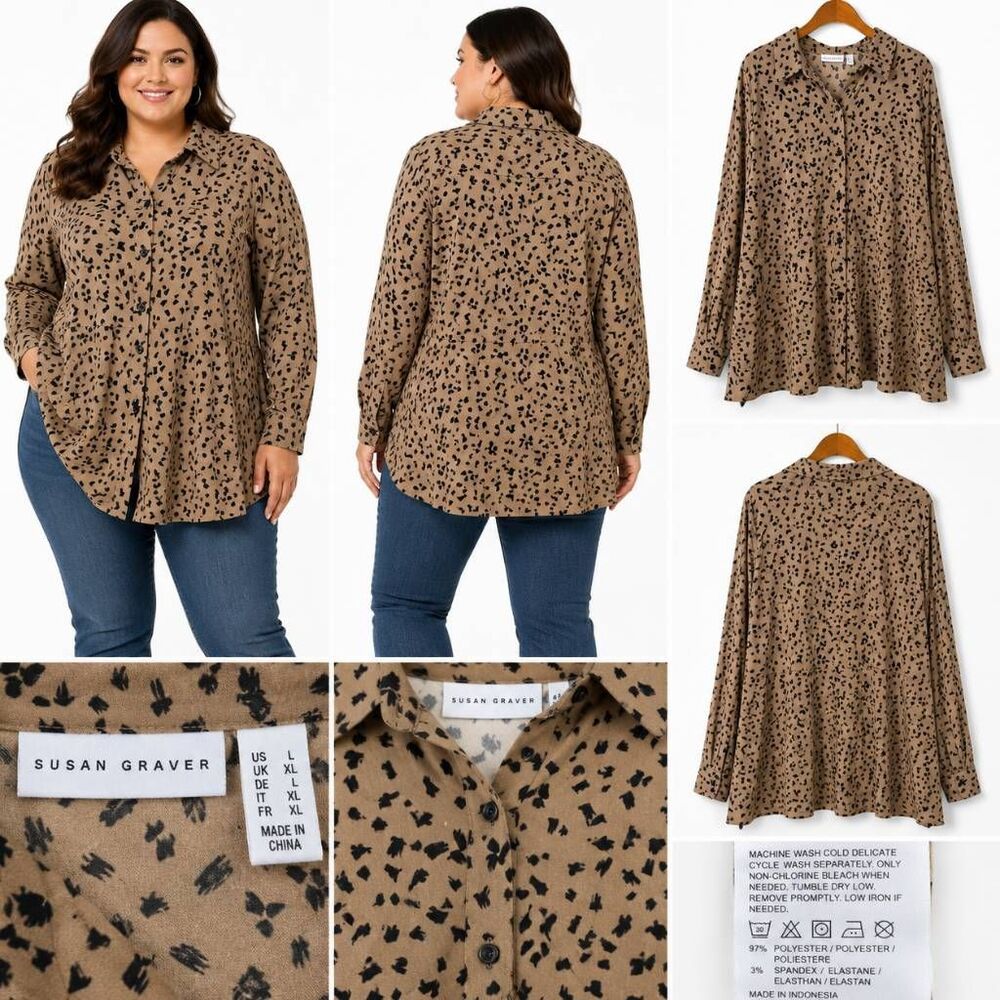Susan Graver Printed Button Front Tunic Blouse XL Beige Black